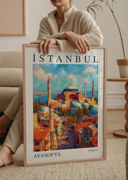 İstanbul Ayasofya posteri, tarihi yapının canlı renklerle resmedilmiş modern sanat illüstrasyonu