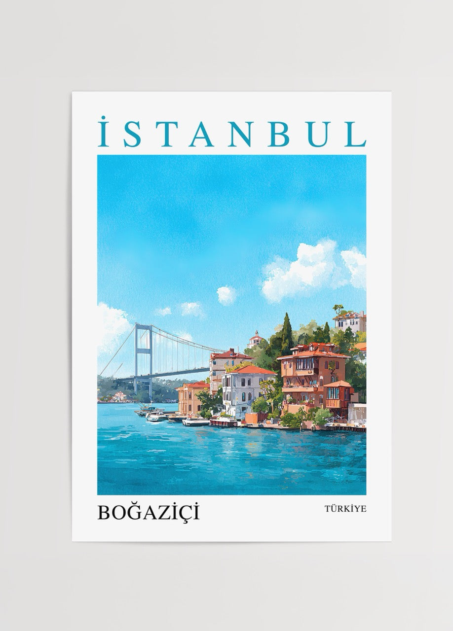 İstanbul Boğaziçi posteri, köprü ve yalı manzaralı illüstratif tasarım