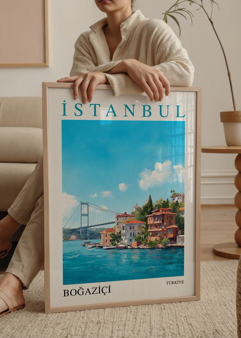 İstanbul Boğaziçi posteri, köprü ve yalı manzaralı illüstratif tasarım