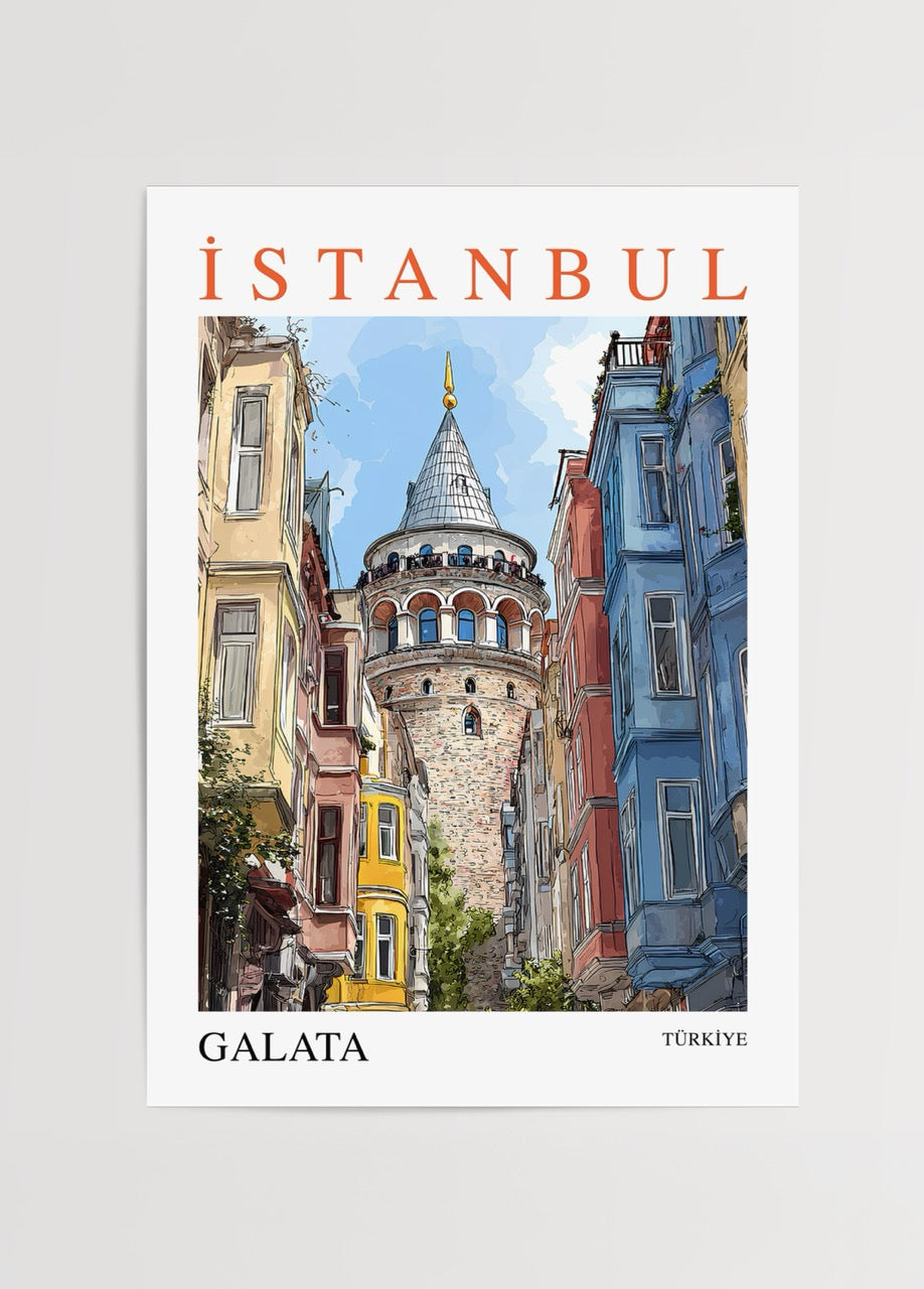 İstanbul Galata posteri, Galata Kulesi ve renkli sokakların illüstratif sanat tasarımı