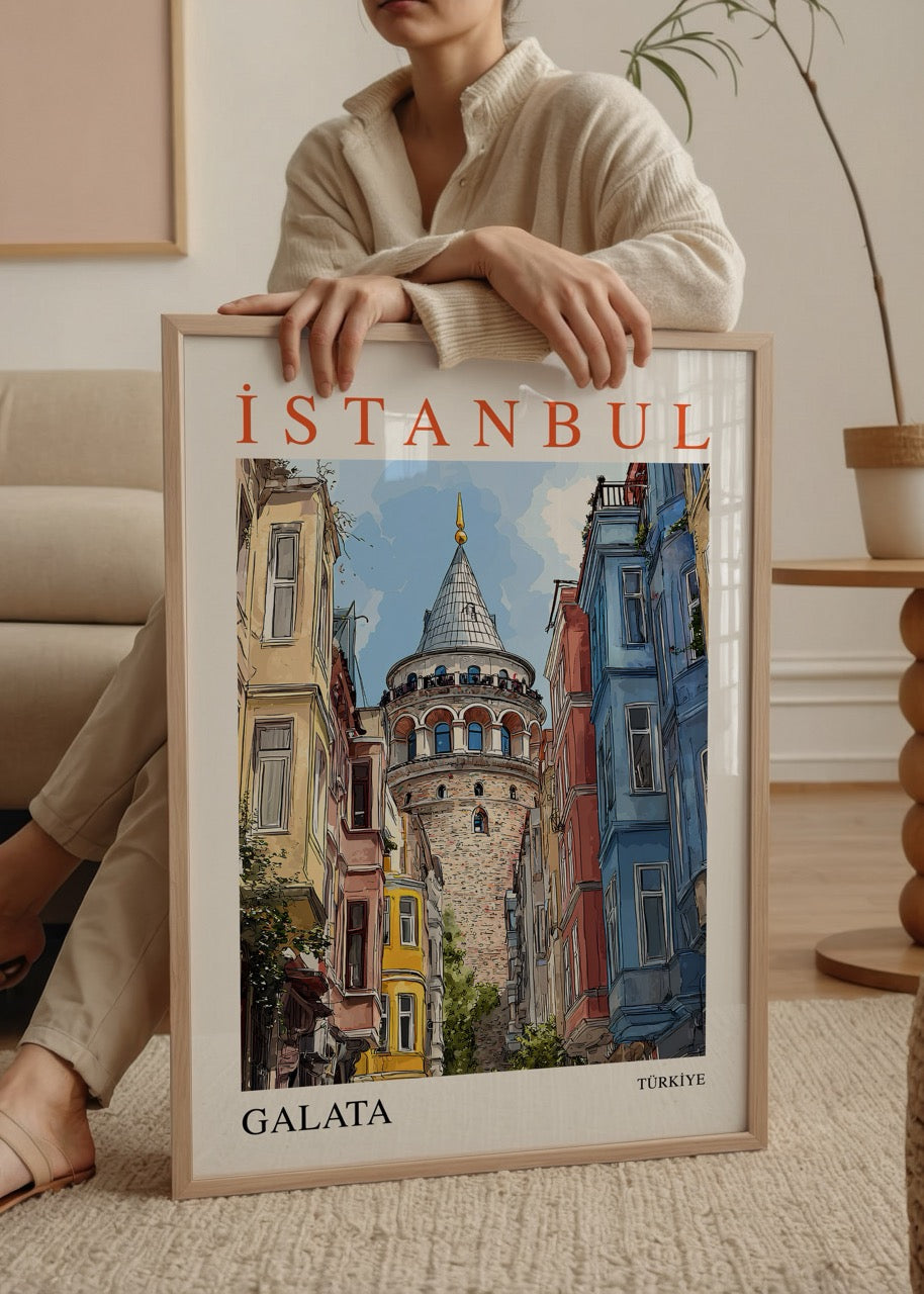 İstanbul Galata posteri, Galata Kulesi ve renkli sokakların illüstratif sanat tasarımı