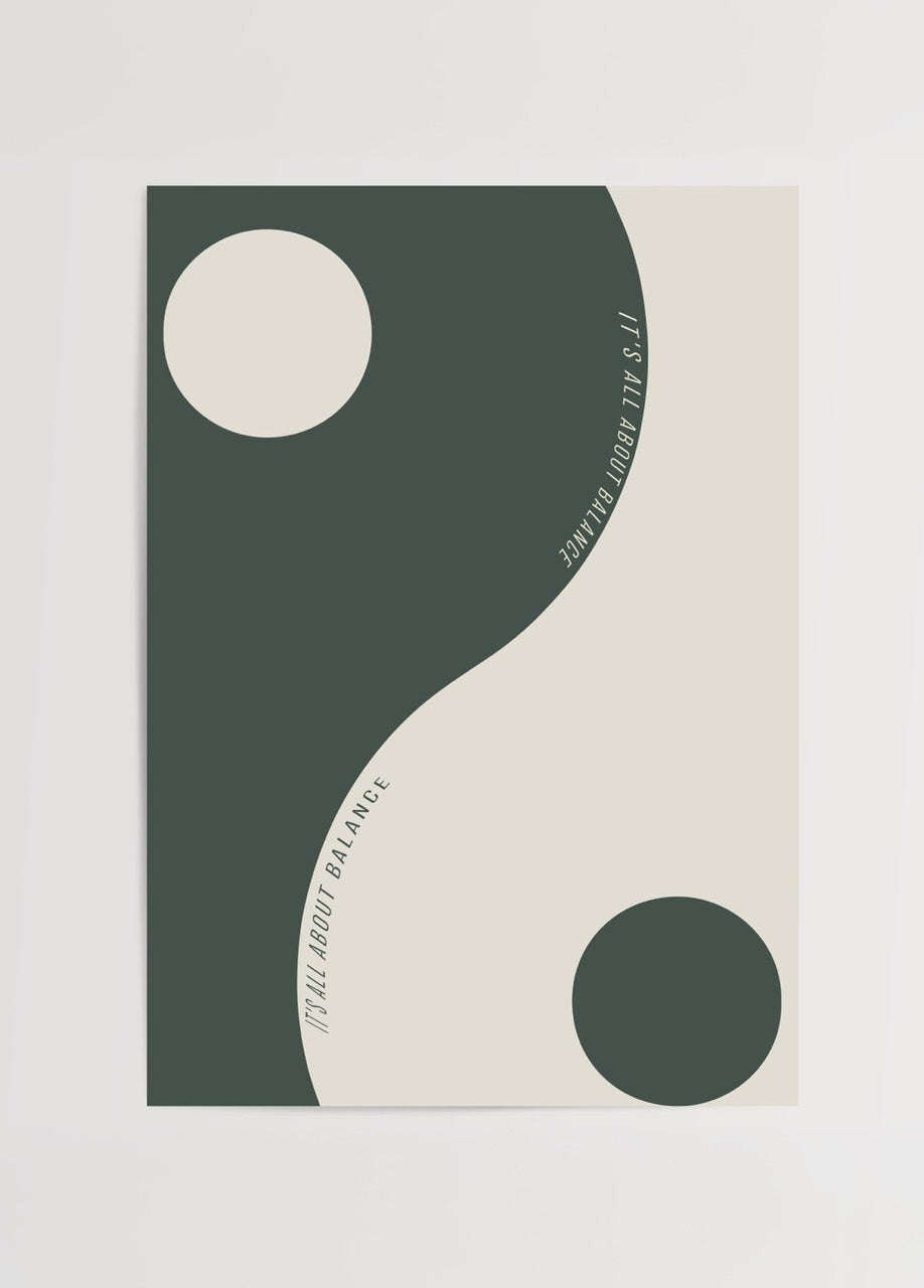 Minimal yin-yang esintili It’s All About Balance posteri, yeşil ve krem tonlarda modern tasarım