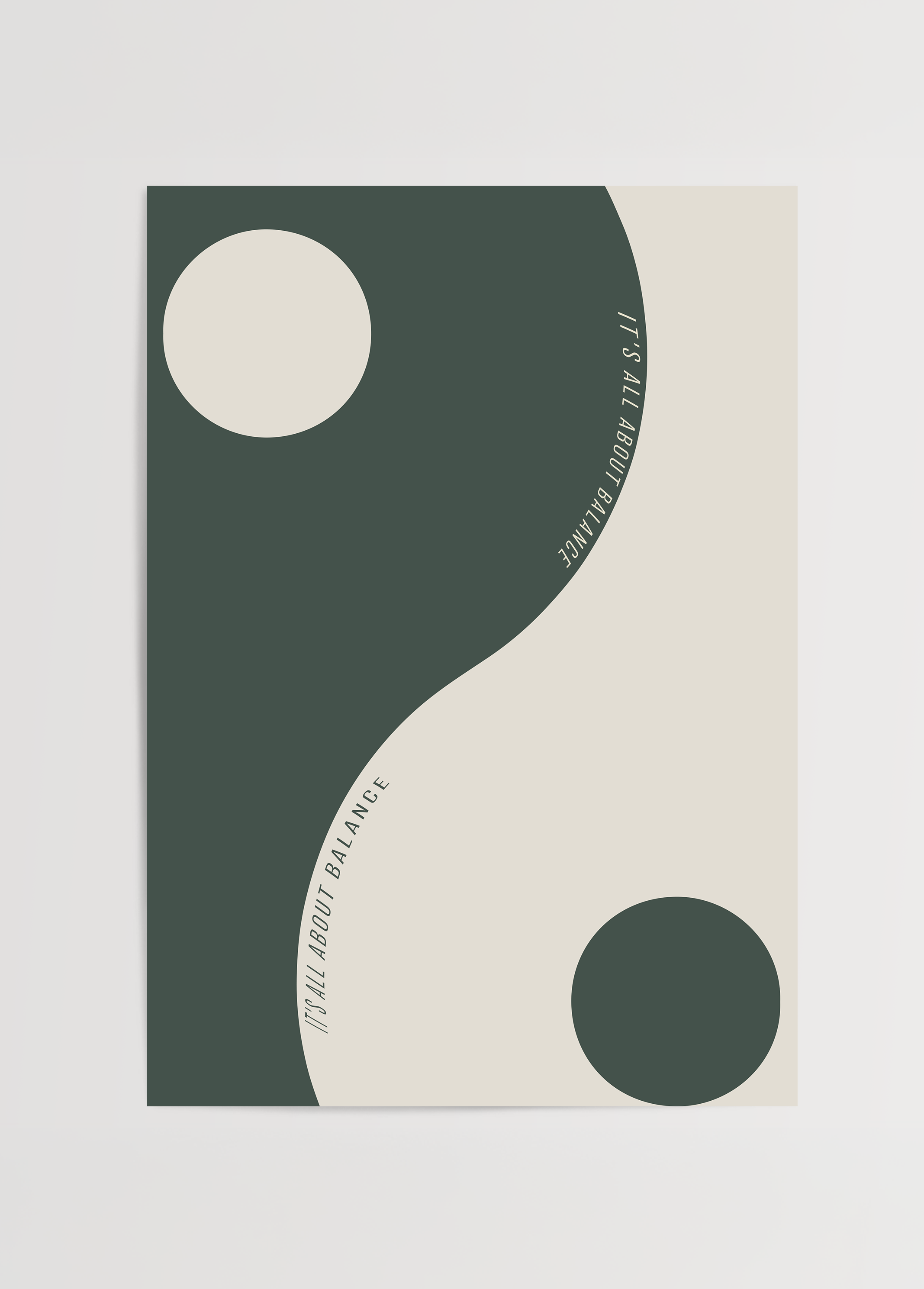 Minimal yin-yang esintili It’s All About Balance posteri, yeşil ve krem tonlarda modern tasarım