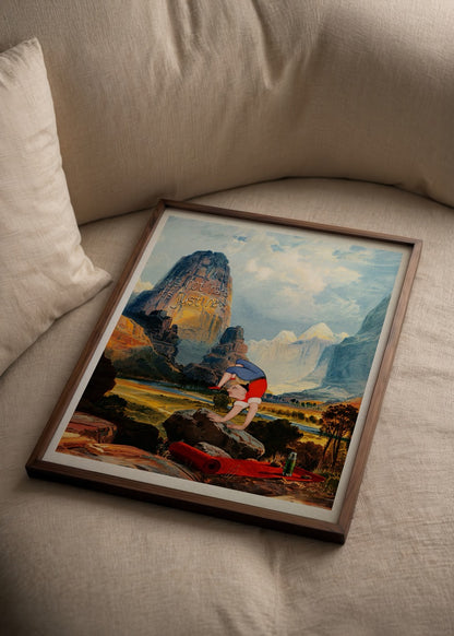 Dağ manzarasında ters duruş yapan figürlü It’s Not Hard It’s Just New poster baskı