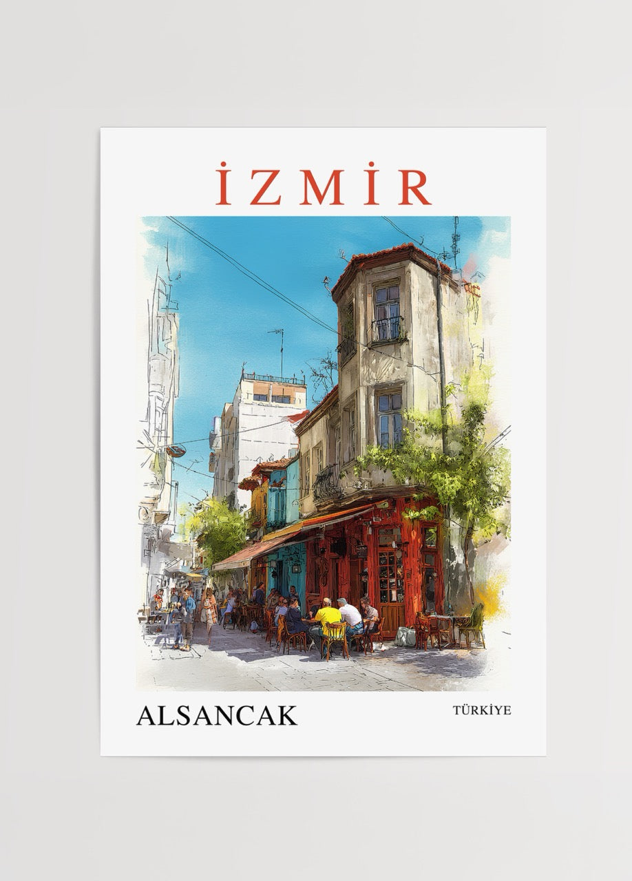 İzmir Alsancak posteri, renkli sokaklar ve kafelerle dolu tarihi semtin illüstratif tasarımı