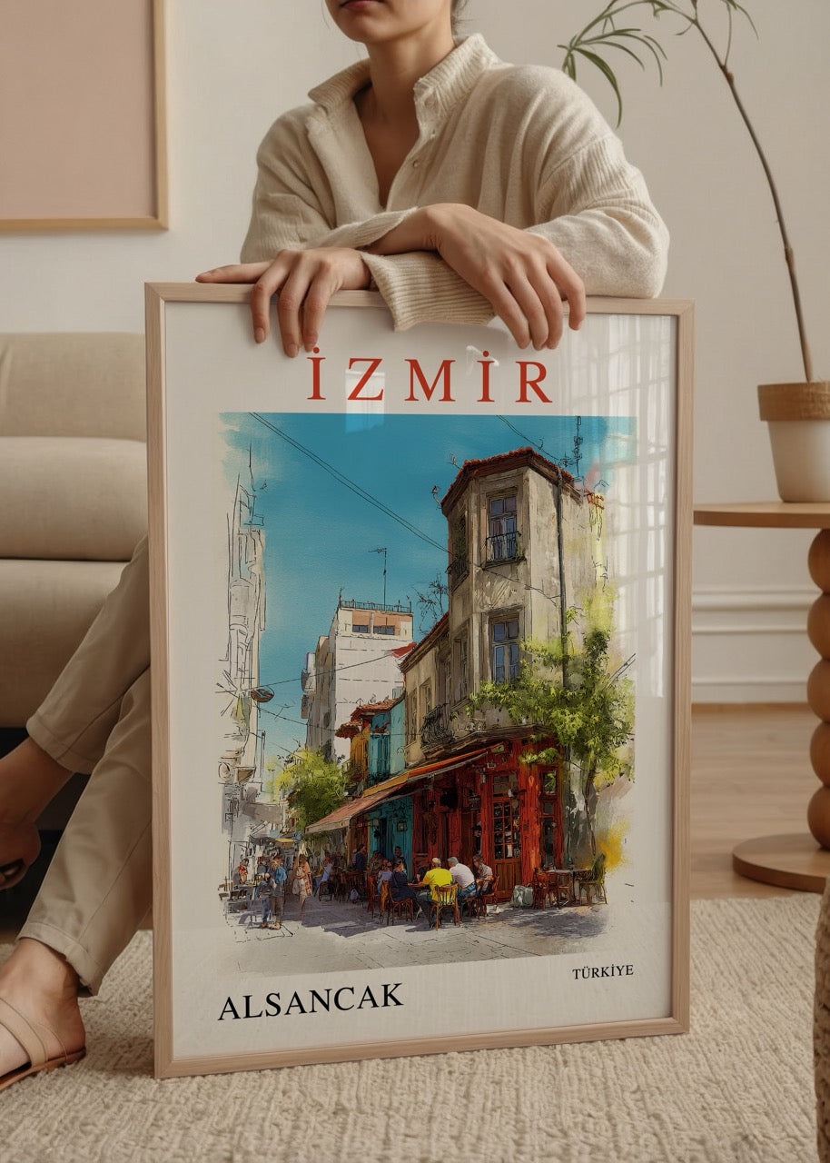 İzmir Alsancak posteri, renkli sokaklar ve kafelerle dolu tarihi semtin illüstratif tasarımı