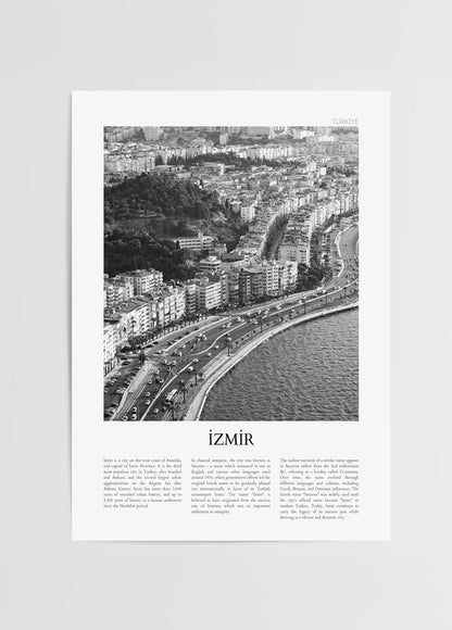 İzmir şehir manzarasını gösteren siyah beyaz poster baskı