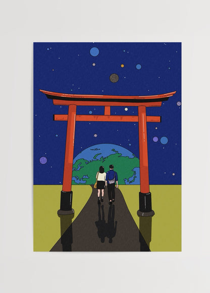 Japon Torii kapısı önünde yürüyen çift figürlü modern illüstrasyon posteri.