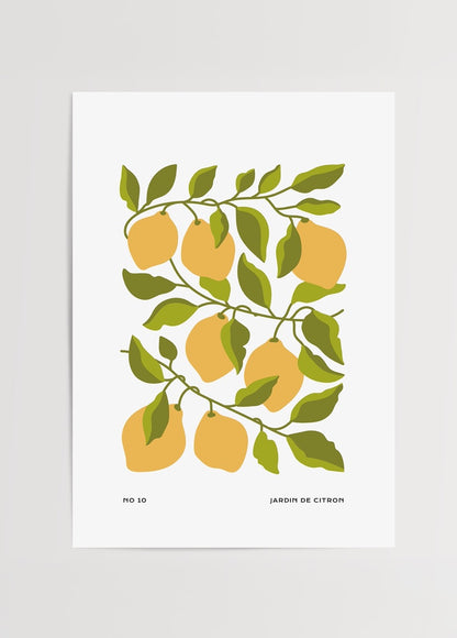 Modern stilize limonlar ve yapraklarla illüstrasyon posteri, beyaz arka plan üzerinde sarı ve yeşil renklerde çizim

