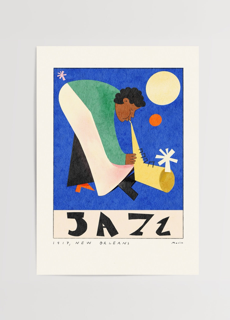 Mavisu Demirağ imzalı Jazz posteri, 1917 New Orleans esintili mavi, yeşil ve sarı tonlarda caz temalı sanat baskısı.