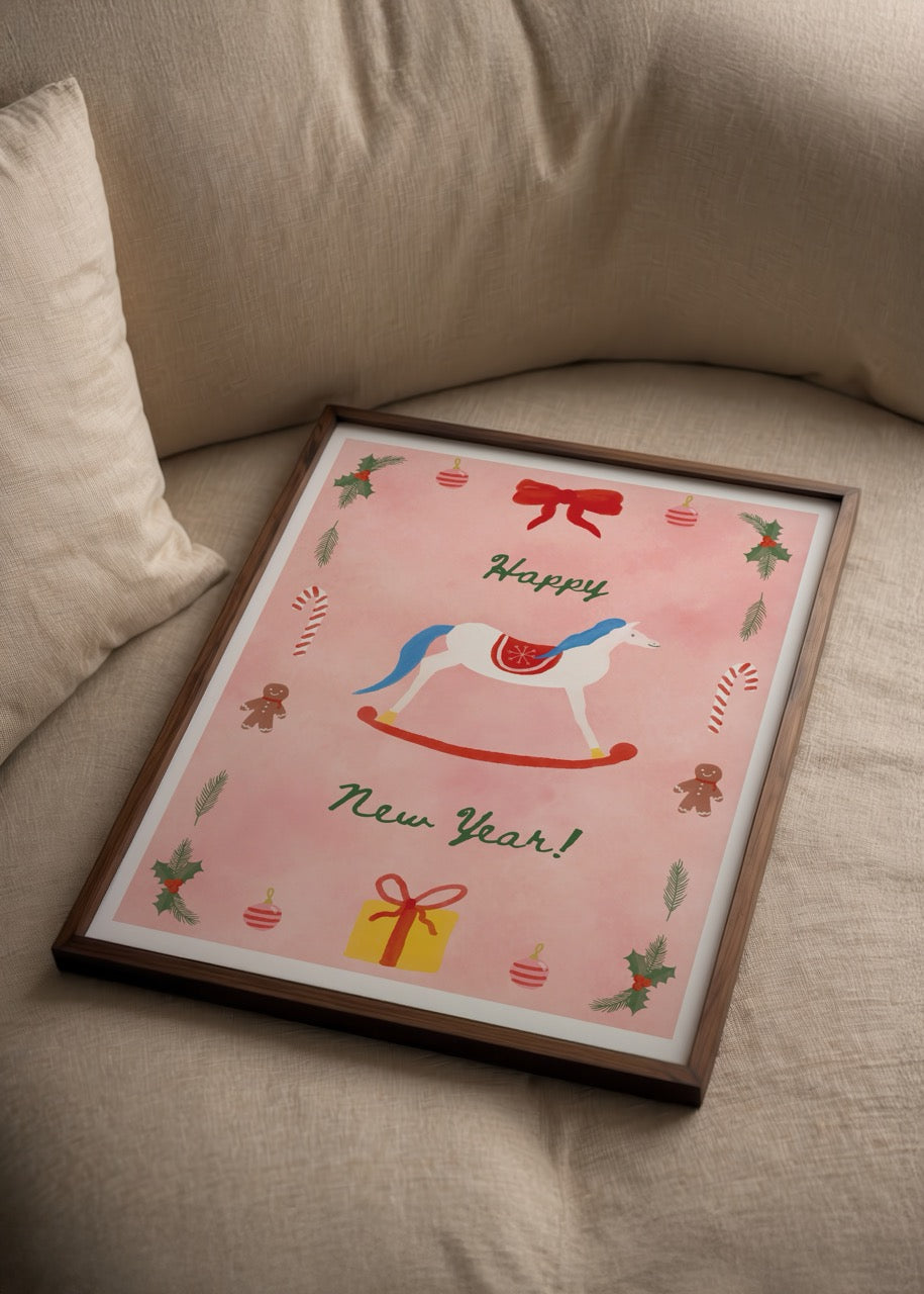 Pastel pembe zemin üzerinde sallanan at figürü ve yılbaşı süsleriyle hazırlanmış yeni yıl illüstrasyonu