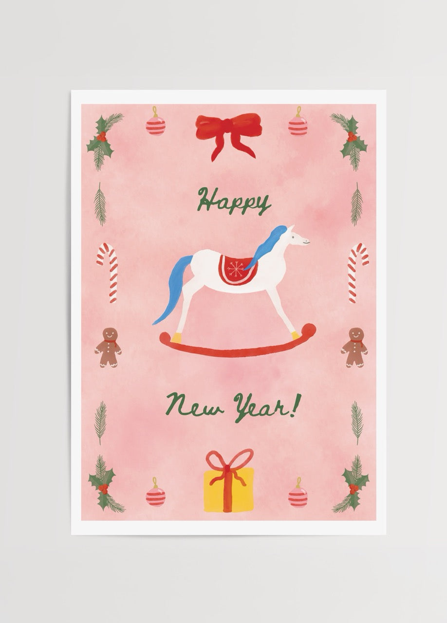 Pastel pembe zemin üzerinde sallanan at figürü ve yılbaşı süsleriyle hazırlanmış yeni yıl illüstrasyonu