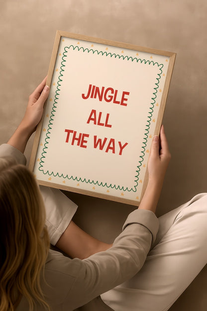 Nergis Sabancı imzalı Jingle Spirit posteri, “Jingle All The Way” tipografisi ve yıldız detaylı yılbaşı temalı illüstrasyon baskısı.