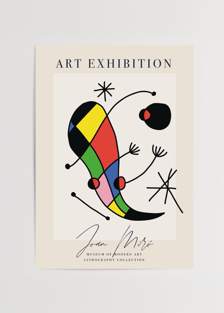 Joan Miró’nun litografi stilinden esinlenen, renkli formlar ve soyut çizgilerle oluşturulmuş canlı ve eğlenceli bir sanat posteri