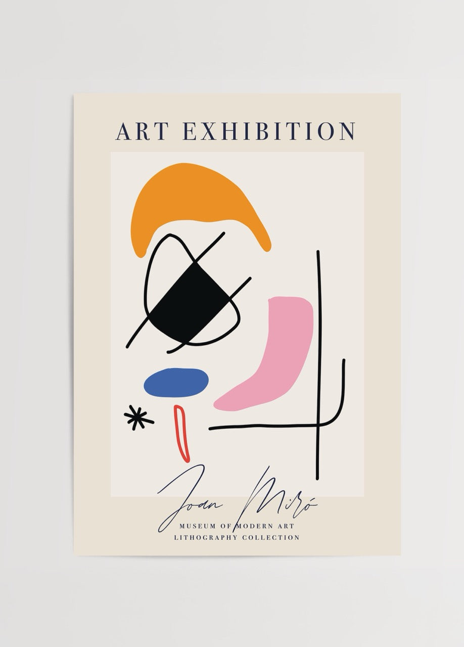 Joan Miró’nun litografi stilinden esinlenmiş, soyut çizgiler ve renkli bloklardan oluşan modern sanat posteri