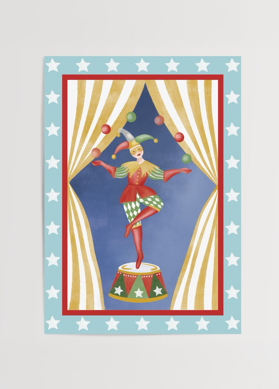 bumi club jolly juggler sirk temalı çocuk odası poster baskı