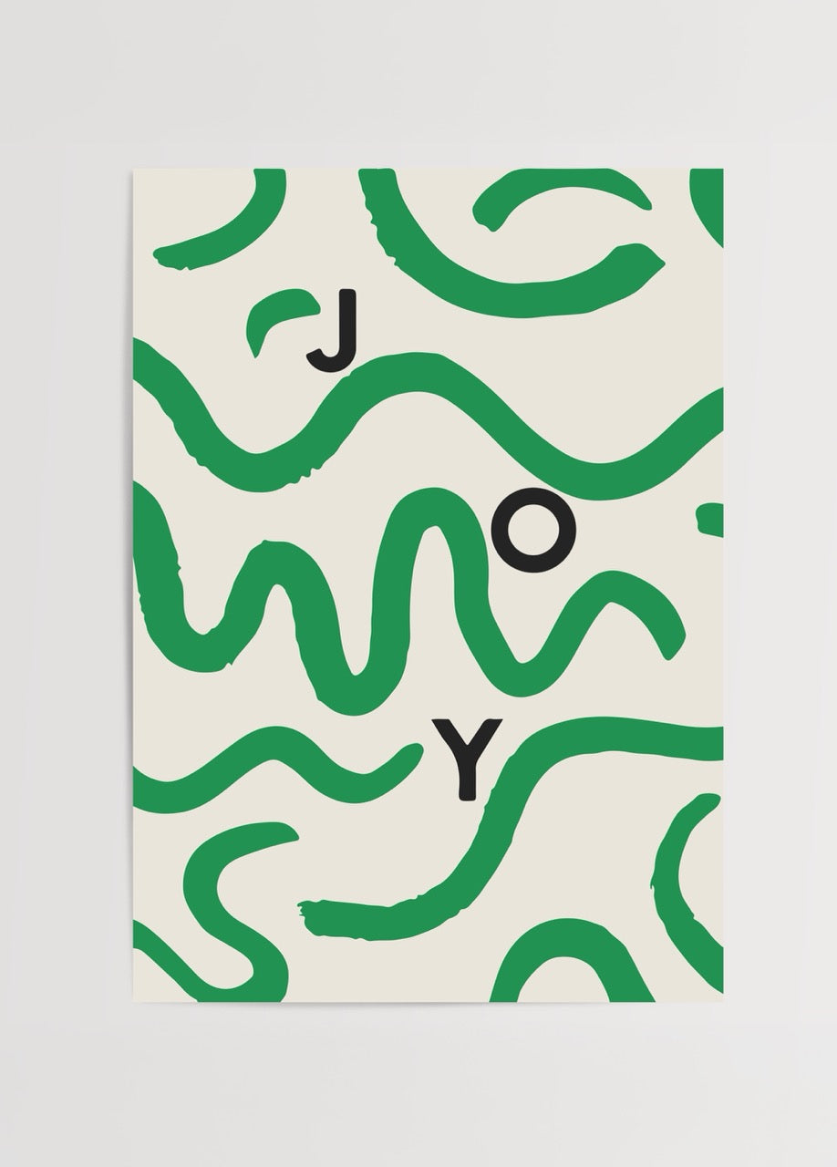 JOY yazılı modern tipografi posteri, yeşil soyut çizgilerle tasarlanmış minimal dekoratif baskı.
