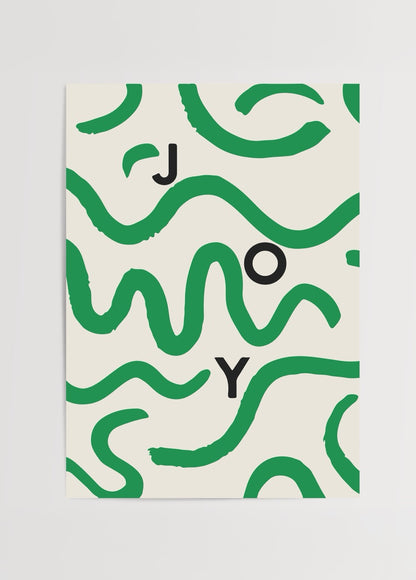 JOY yazılı modern tipografi posteri, yeşil soyut çizgilerle tasarlanmış minimal dekoratif baskı.
