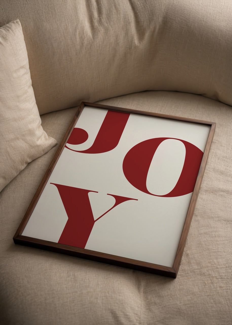 Joy yazılı kırmızı tipografi minimalist poster baskısı
