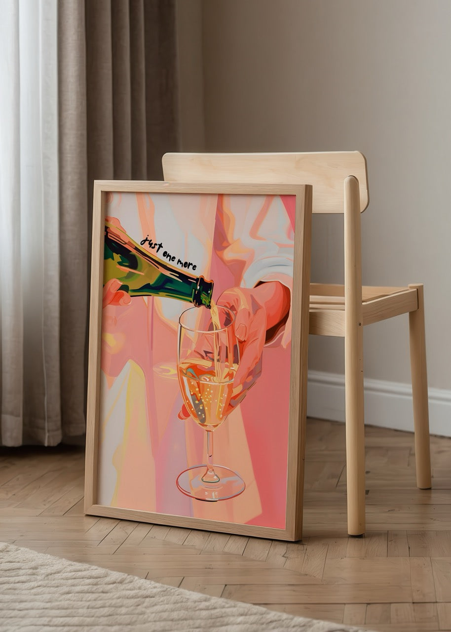 Renkli illüstrasyon tarzında bir kadehe şampanya döken ellerin yer aldığı, “just one more” yazılı kutlama temalı poster.