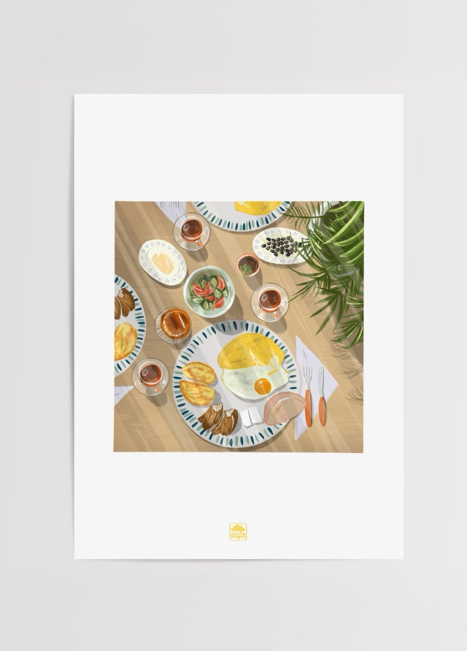 İmge Akbulut’un kahvaltı sofrası illüstrasyon posteri, çay ve omlet detaylı sanat baskısı