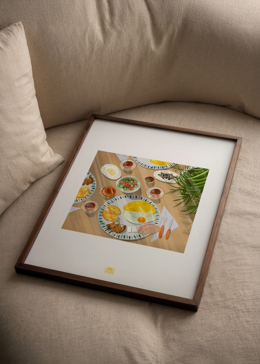 İmge Akbulut’un kahvaltı sofrası illüstrasyon posteri, çay ve omlet detaylı sanat baskısı