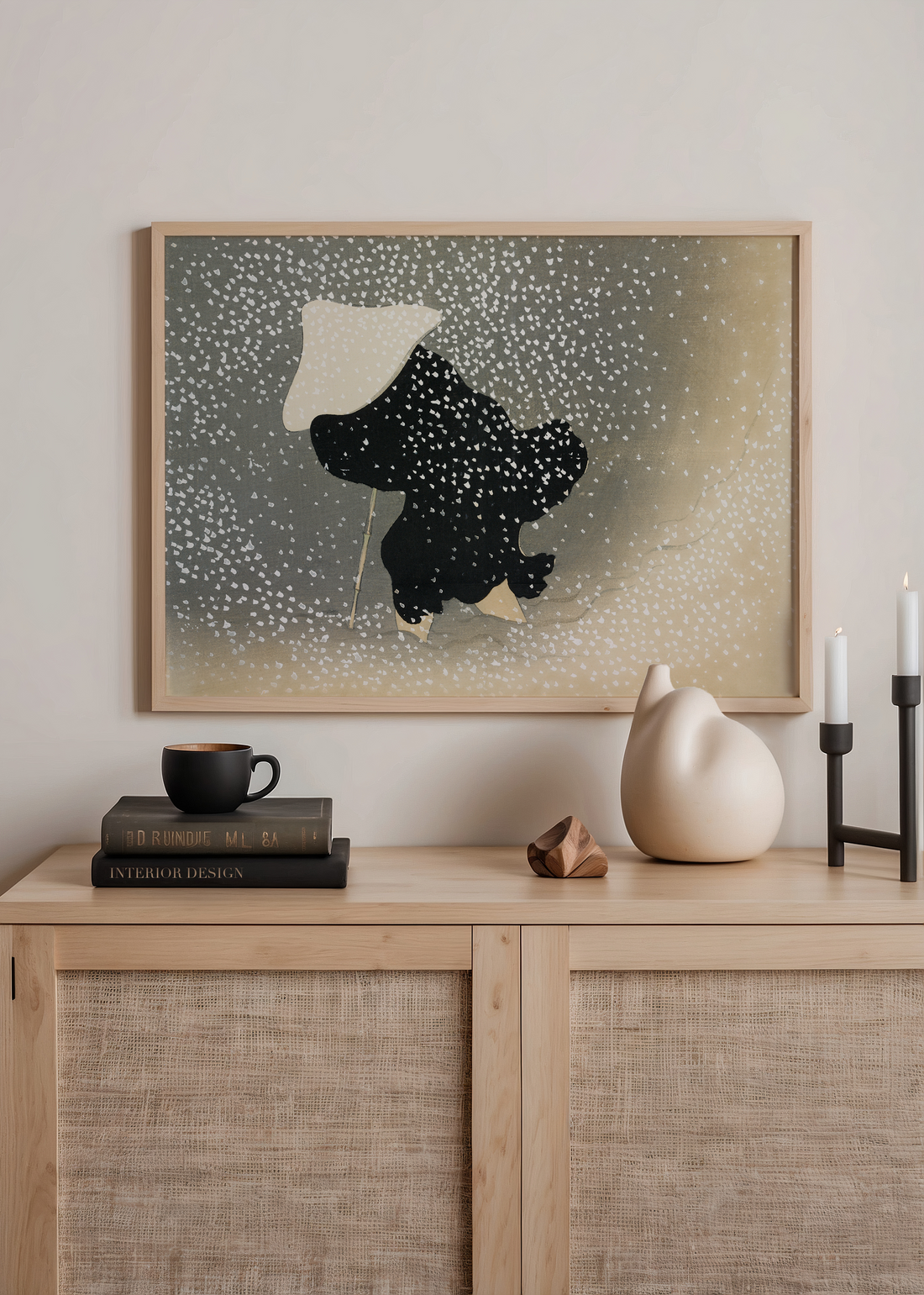 Kamisaka Sekka Swirling Snow (Tomoe no yuki), kar fırtınasında siyah giysili ve geniş şapkalı bir figürü gösteren Japon ahşap baskı.
