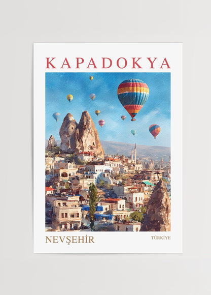 Kapadokya Nevşehir posteri, sıcak hava balonları, peri bacaları ve taş evlerle illüstratif tasarım