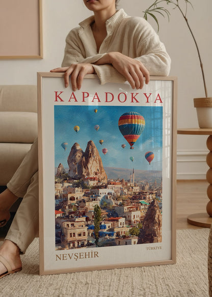 Kapadokya Nevşehir posteri, sıcak hava balonları, peri bacaları ve taş evlerle illüstratif tasarım