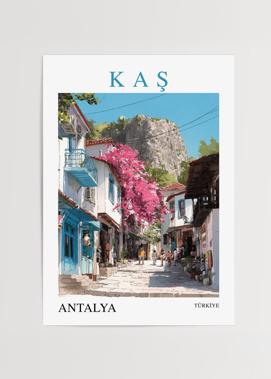 Kaş Antalya posteri, begonvillerle süslü Akdeniz sokakları illüstrasyonu