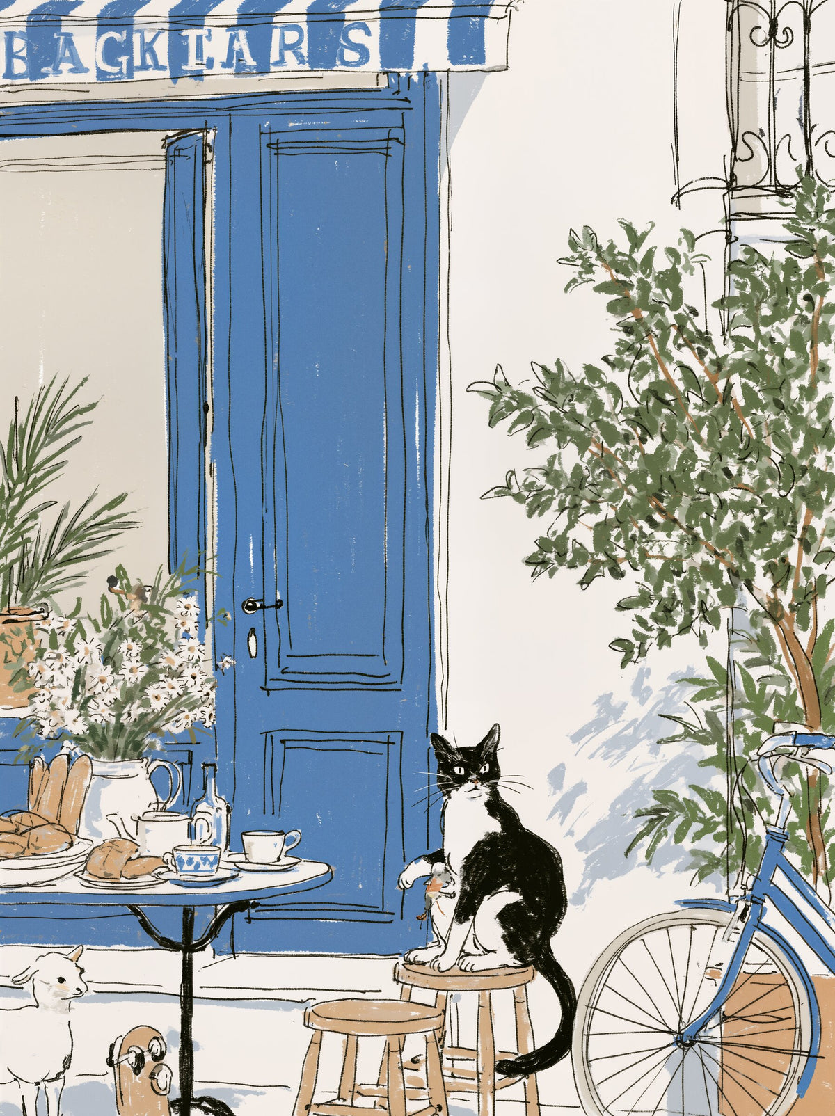 Kedi ve cafe önünde oturan bir kedinin illüstrasyonu. poster baskı