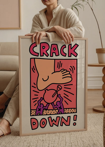 Keith Haring’in baskıya karşı sembolik çizimi olan Crack Down temalı pop art posteri