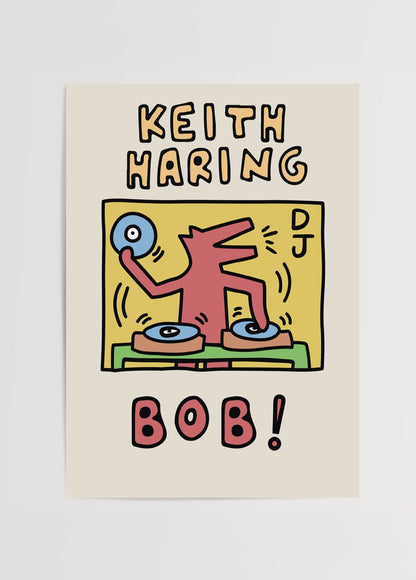Keith Haring’in DJ Bob karakterini içeren renkli ve enerjik poster baskı