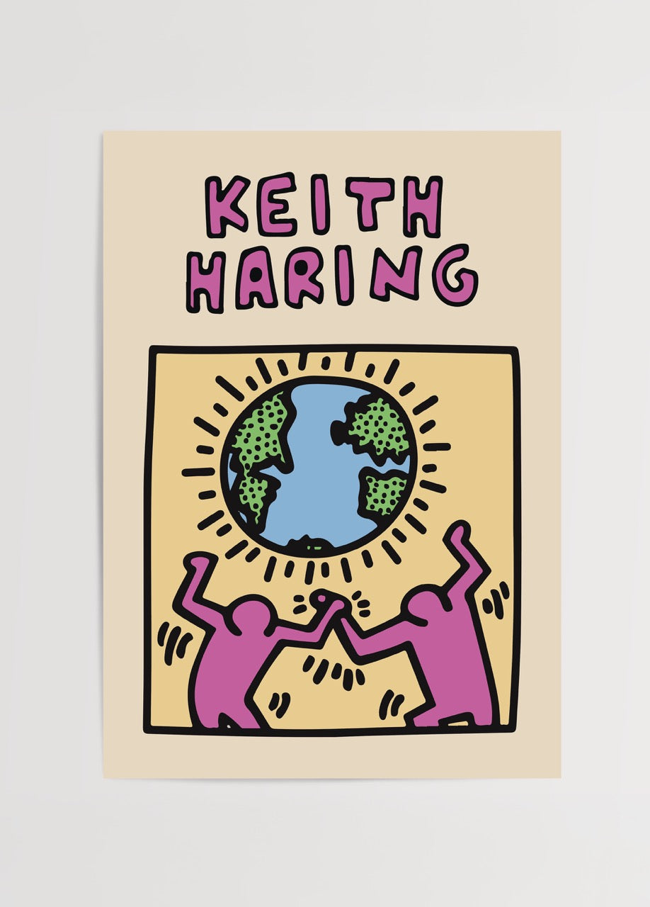 Keith Haring’in dünya figürü etrafında birleşen iki mor figürlü pop art duvar posteri