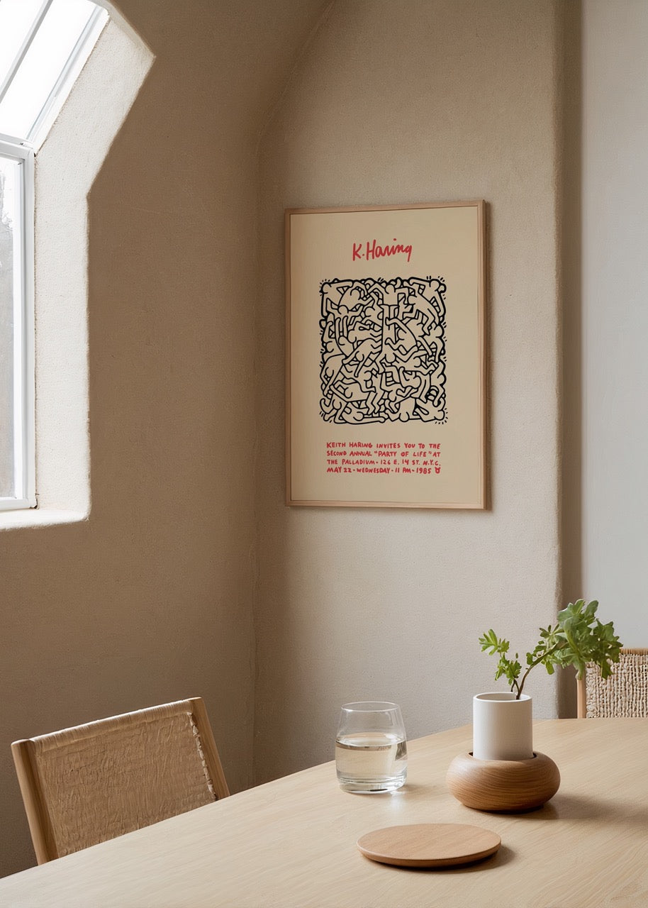 Keith Haring’in “Party of Life” 1985 etkinliğine ait çizim poster baskısı