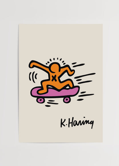 Keith Haring tarzı turuncu kaykay figürlü renkli pop art poster
