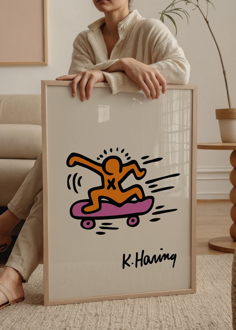 Keith Haring tarzı turuncu kaykay figürlü renkli pop art poster