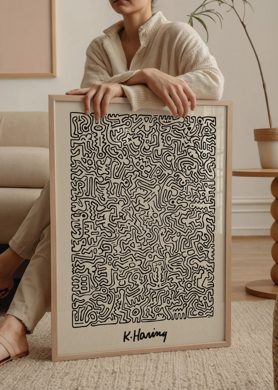 Ekru zemin üzerinde siyah çizgilerle hazırlanmış soyut Keith Haring tarzı illüstrasyon posteri

