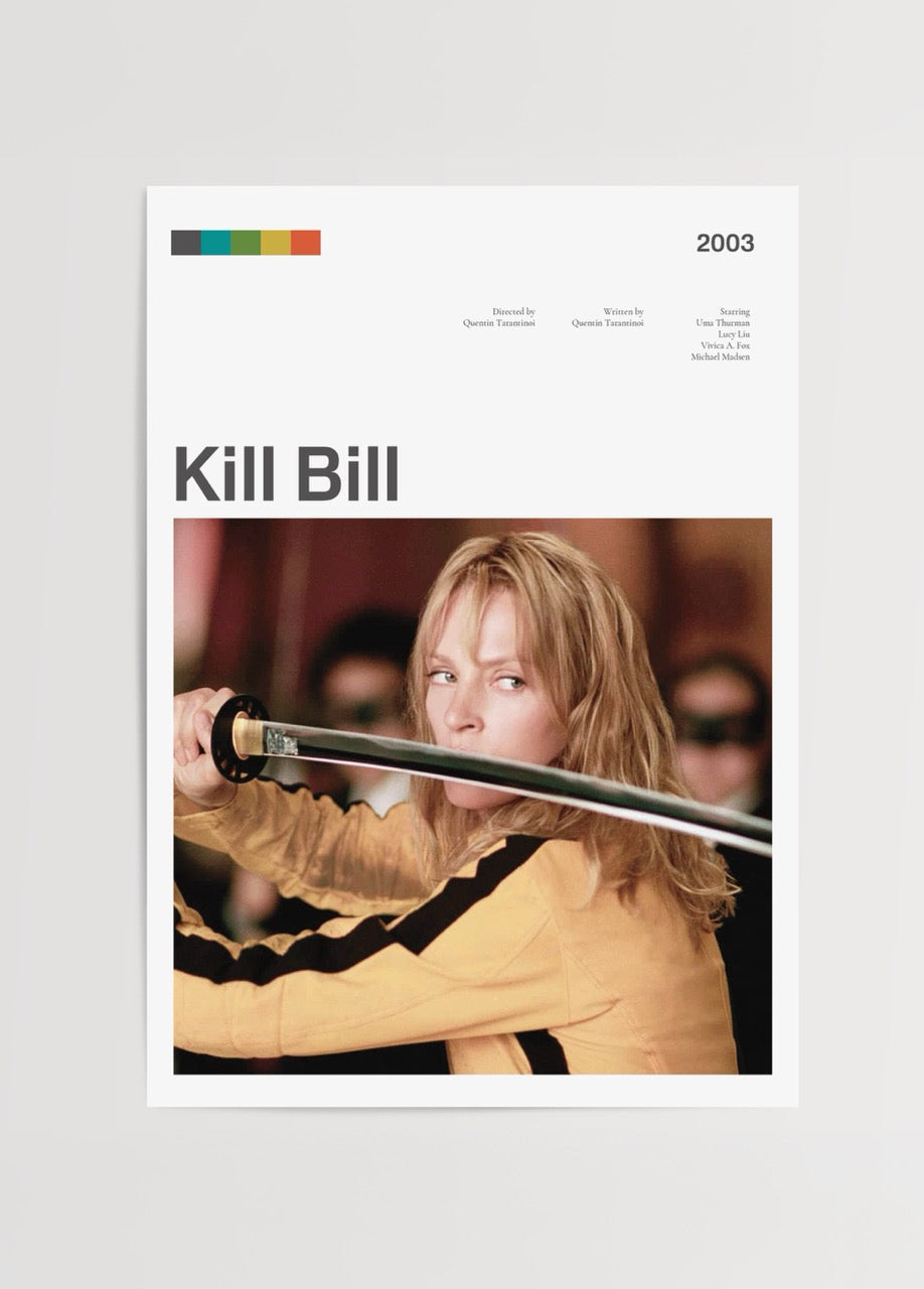 Kill Bill filmi poster baskısı, sarı kostümlü kadın karakter sahnesi