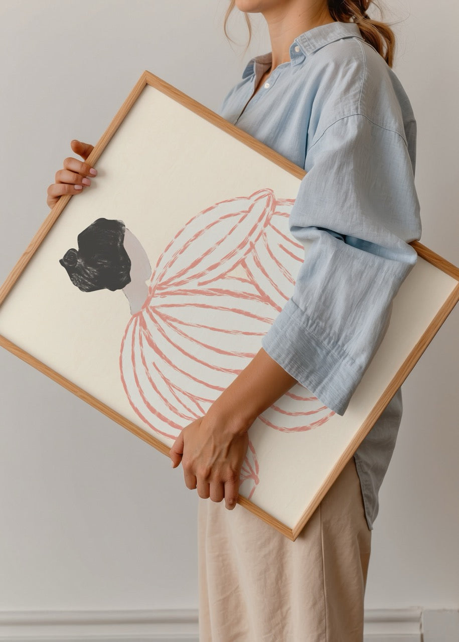 Kırmızı çizgilerle tasarlanmış minimal kadın figürü illüstrasyon posteri