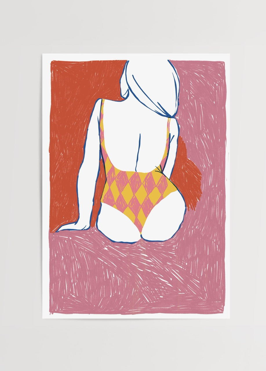 Kırmızı mayolu kadın figürünün modern ve minimal illüstrasyonu