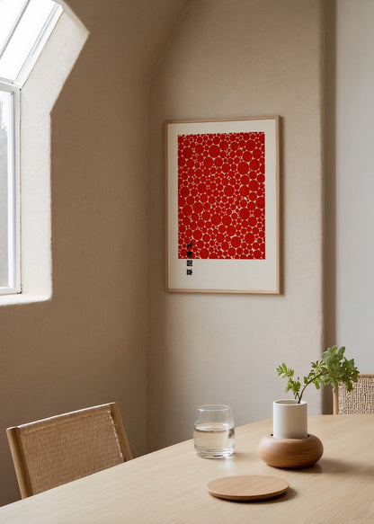Beyaz zemin üzerinde kırmızı daire desenlerinden oluşan Japon stil minimal poster baskı
