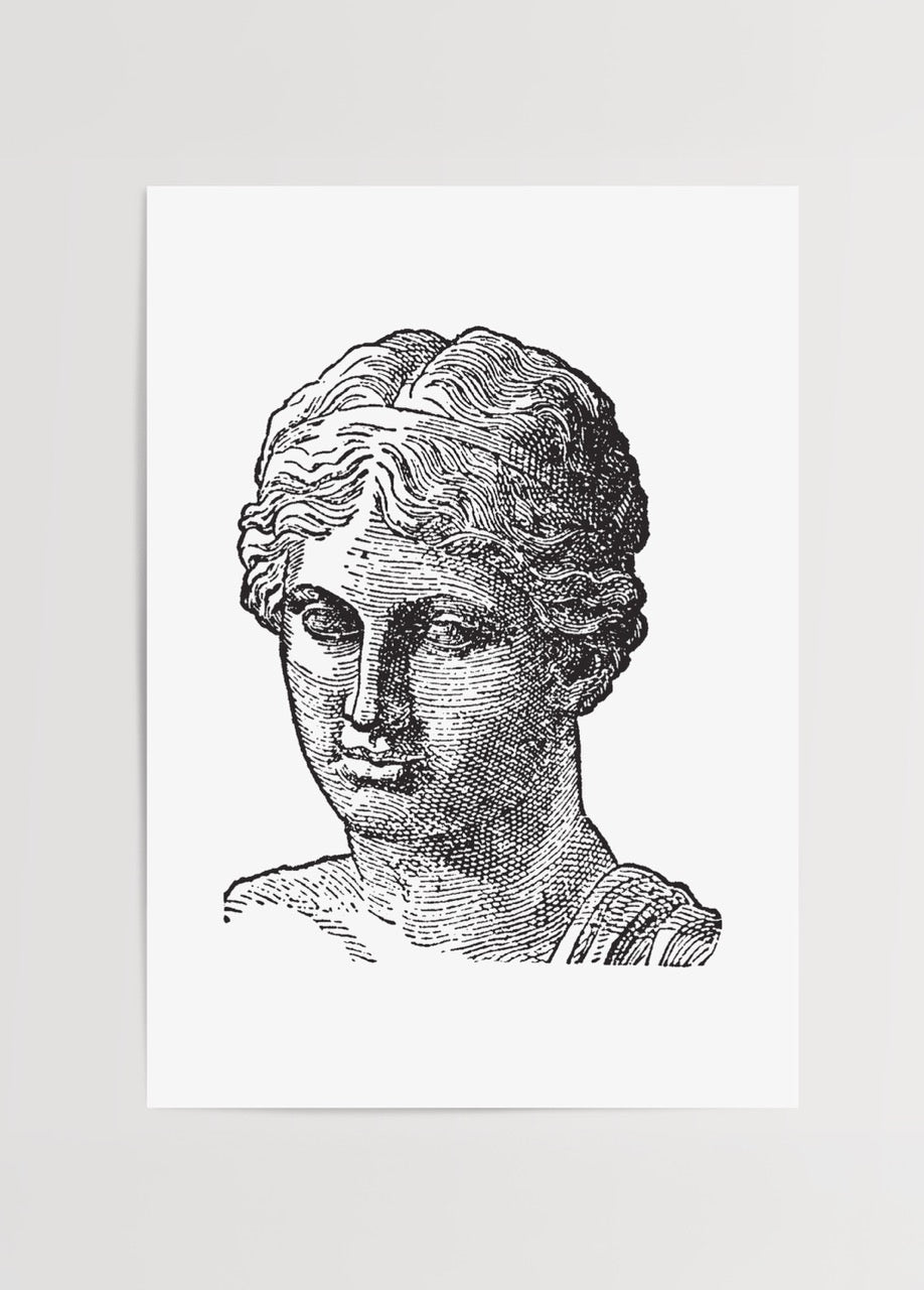 Antik dönem kadın büstü siyah beyaz gravür çizim posteri