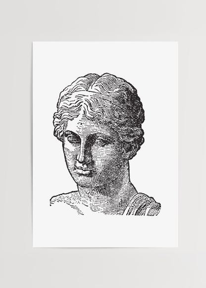 Antik dönem kadın büstü siyah beyaz gravür çizim posteri