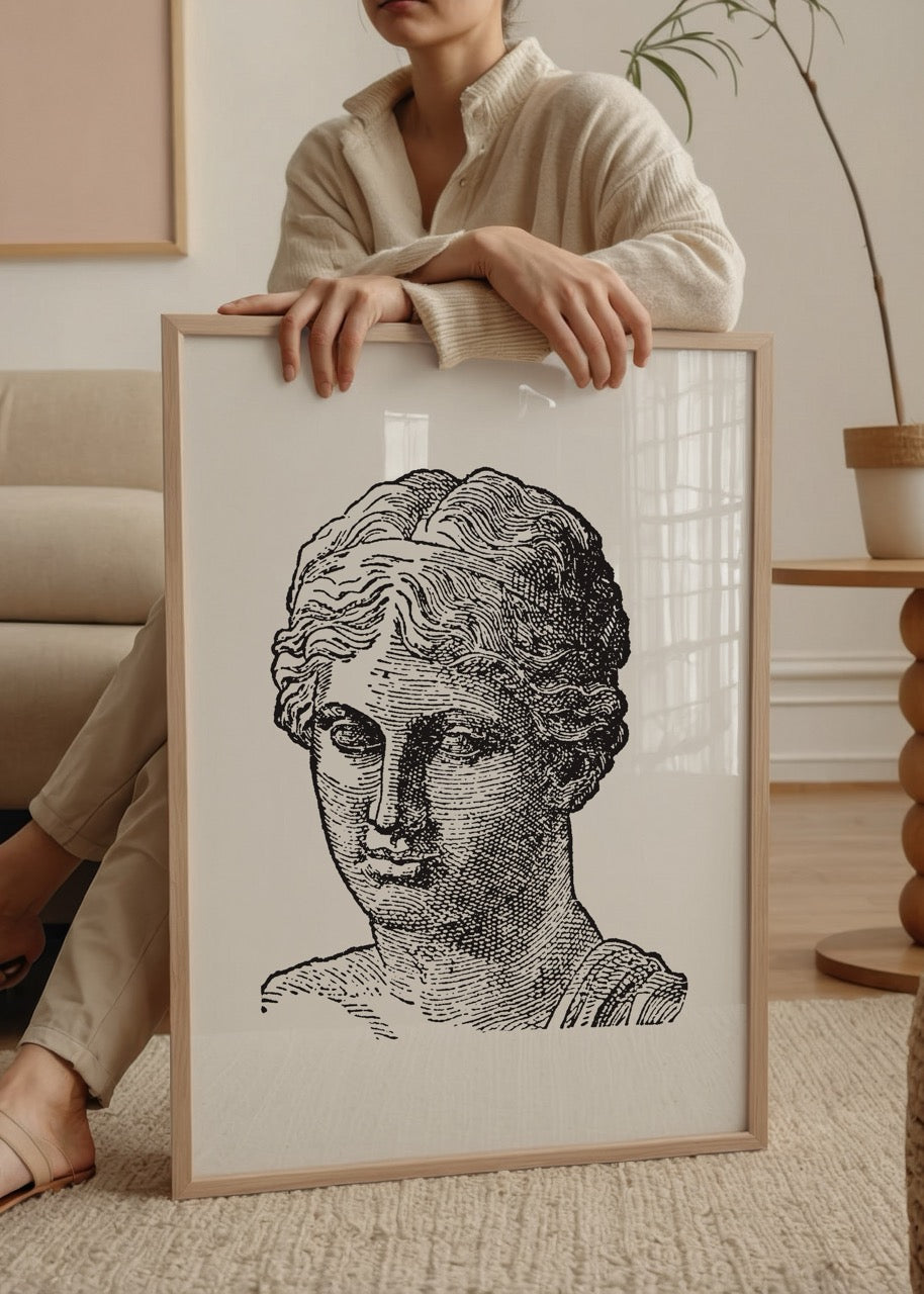 Antik dönem kadın büstü siyah beyaz gravür çizim posteri