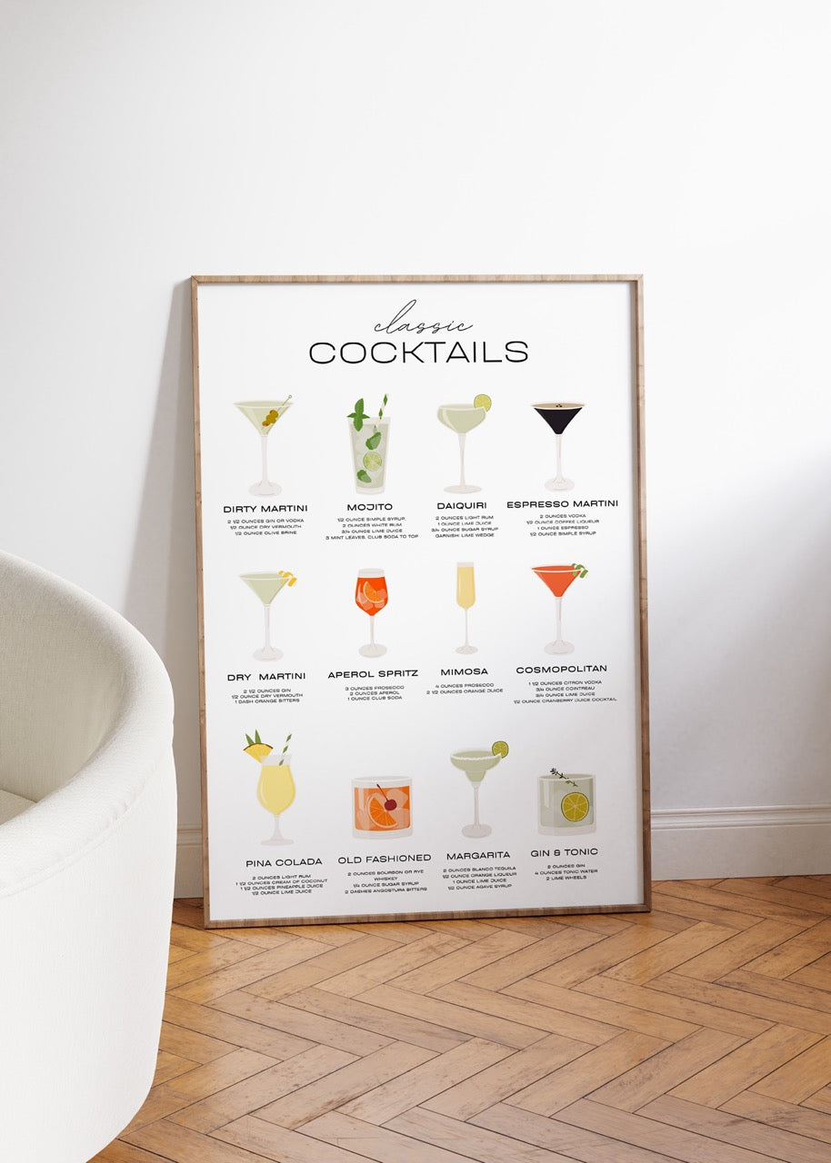 12 klasik kokteylin tariflerini içeren şık ve modern tasarımlı içki posteri