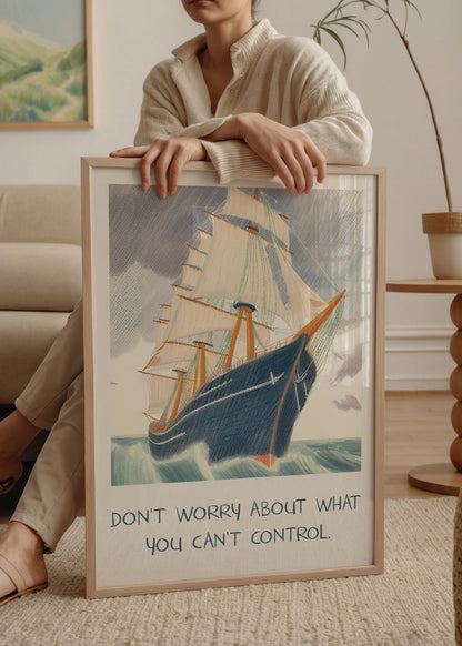 Fırtınalı denizde ilerleyen yelkenli ve “Don’t worry about what you can’t control” yazılı poster tasarımı – Hiwell x Yaris Koleksiyonu