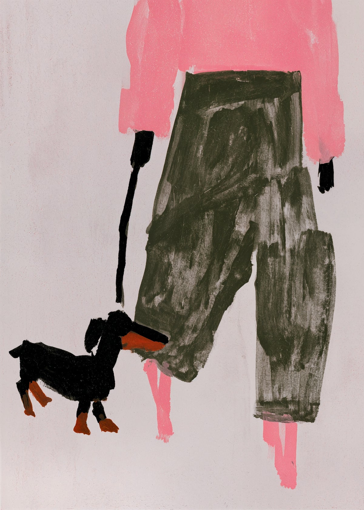 Soyut bir köpekli figür resmi, pembe üst, yeşil pantolon ve siyah köpek. poster baskı