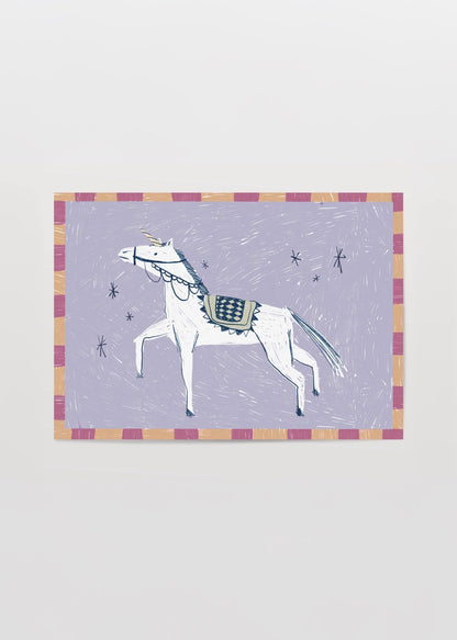 Koşan beyaz at illüstrasyon poster baskı çocuk odası için