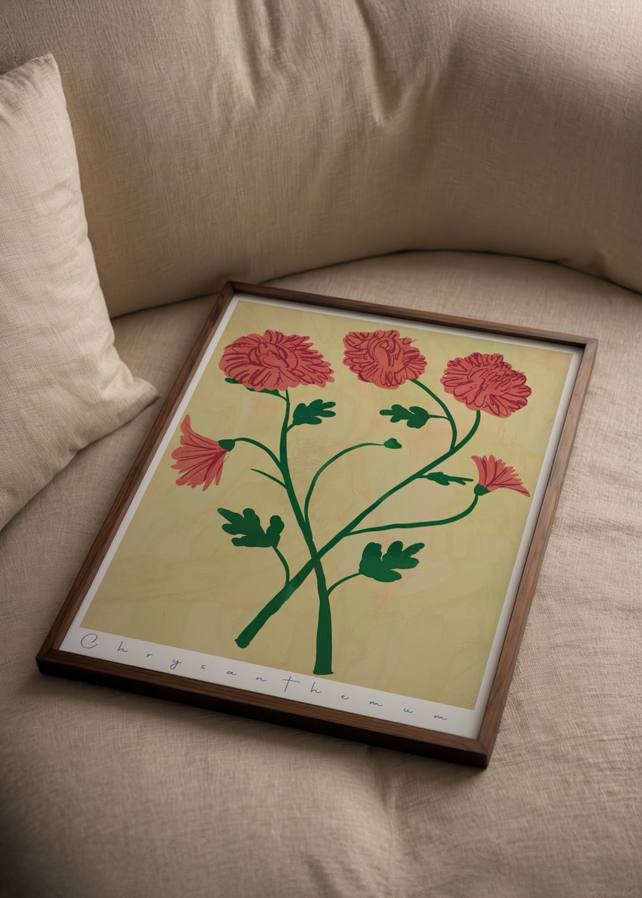 nazlı tarcan krizantem çiçekleri minimalist illüstrasyon poster